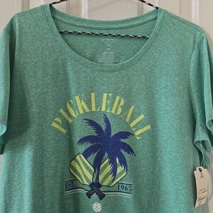 ST. JOHN'S BAY BRAND WOMENS PETITE GREEN SHORT SLEEVE "PICKLEBALL" TEE-SHIRT PXL